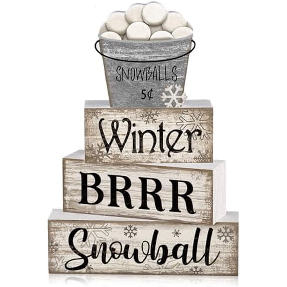 4 Pcs Winter Table Decorations Winter Tiered Tray Decor Christmas Table Centerpiece Rustic Decorative Snowball Snow Bucket Block Sign Farmhouse Christmas Decorations for Home Kitchen Shelf