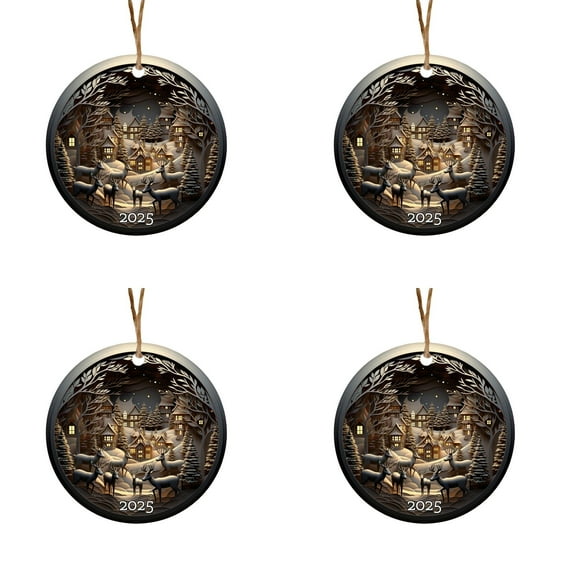 4 Pcs Winter Village Reindeer Ornament 2025 – Layered Christmas Ornament with Snowy Houses & Deer Scene, Holiday Tree Decoration, Cozy Winter Landscape Keepsake