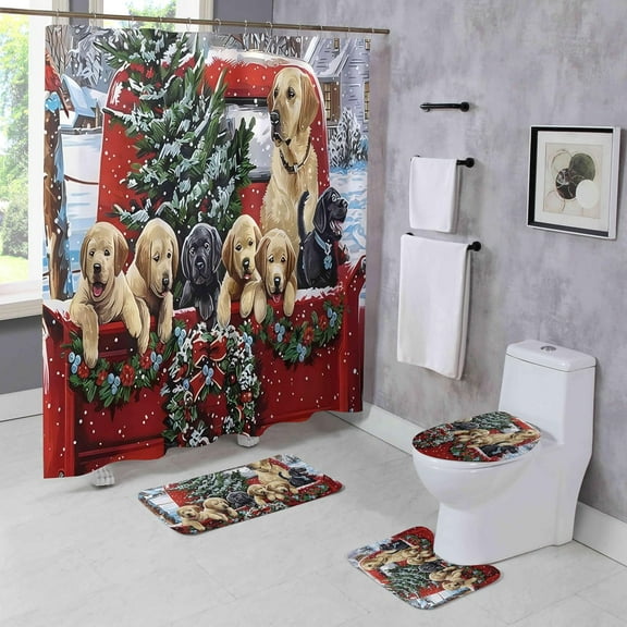 4 Pcs Winter Wonderland Shower Curtain Sets with Rugs Christmas Bathroom Set Home Bath Bathtub Decor Durable Curtains Mats for Bathroom 72 x 72 Inch