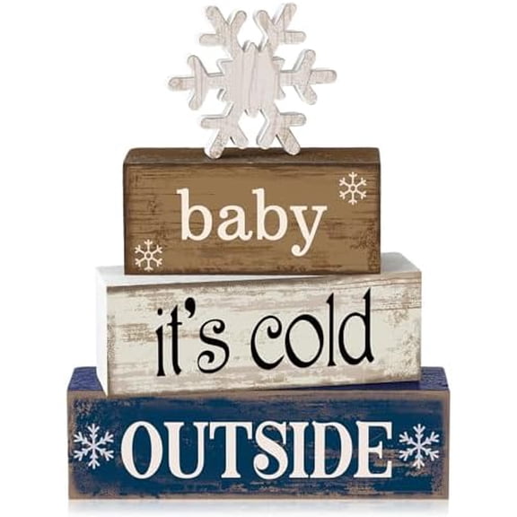 4 Pcs Winter Wooden Tabletop Decor Snowflake Tiered Tray Decor Winter Centerpiece Rustic Snow Block Signs Farmhouse Table Shelf Decoration for Home Office Party