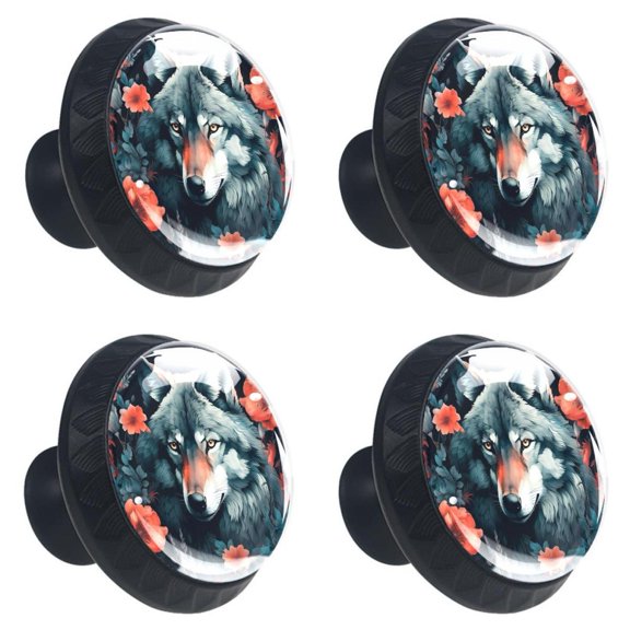 4 Pcs Wolf Aninmal Print Cabinet Knobs 30mm Round Crystal Glass Drawer Handles Pulls with Screws for Kitchen Cupboard Wardrobe Closet Dresser, Home&Office