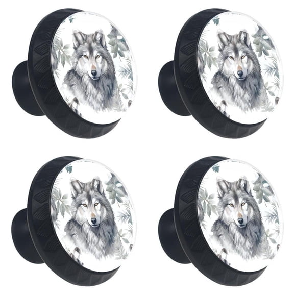 4 Pcs Wolf Aninmal Print Cabinet Knobs 30mm Round Crystal Glass Drawer Handles Pulls with Screws for Kitchen Cupboard Wardrobe Closet Dresser, Home&Office