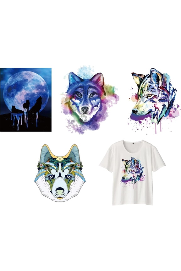4 Pcs Wolf Heat Transfer Stickers Iron On Patches DIY Iron On Transfers Patches Iron On Decals for T-Shirt Jackets Sweatshirt Backpack Clothing Applique Colorful