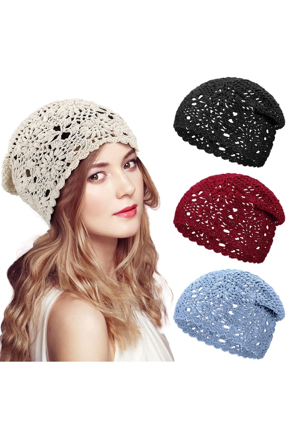 4 Pcs Women Crochet Slouchy Beanie Hat Summer Fall Handmade Knit Floral Polyester Cutout Hats Thin Knitted