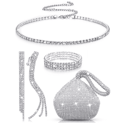 4 Pcs Women Crystal Jewelry Set Rhinestone Choker Necklace Bangle Bracelet