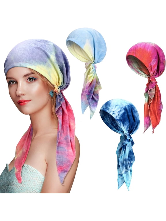 4 Pcs Women Head Scarf Pre Tied Chemo Caps Slip on Turban Headwear Cancer Head Wraps Beanie Hat Bandana