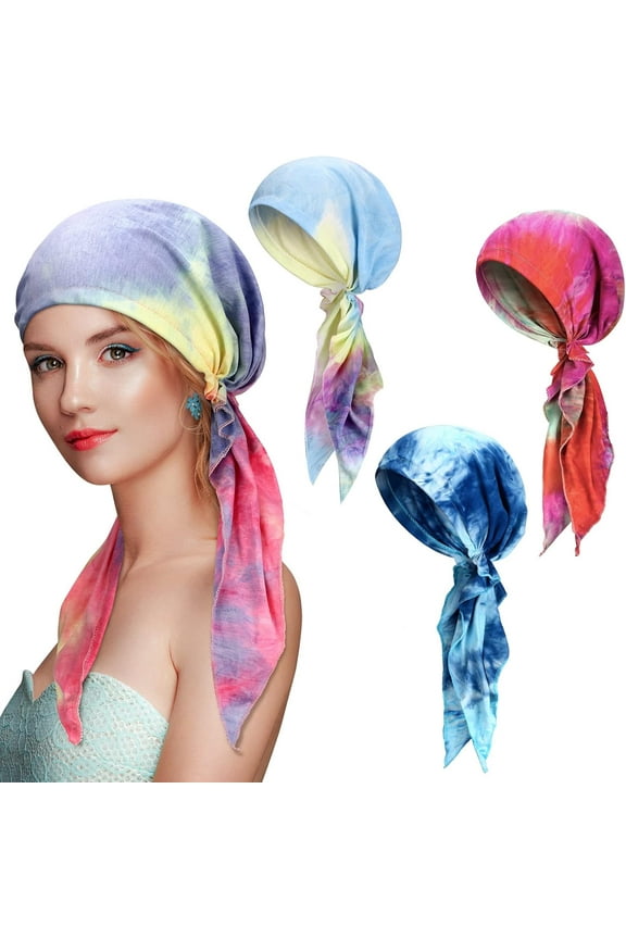 4 Pcs Women Head Scarf Pre Tied Chemo Caps Slip on Turban Headwear Cancer Head Wraps Beanie Hat Bandana