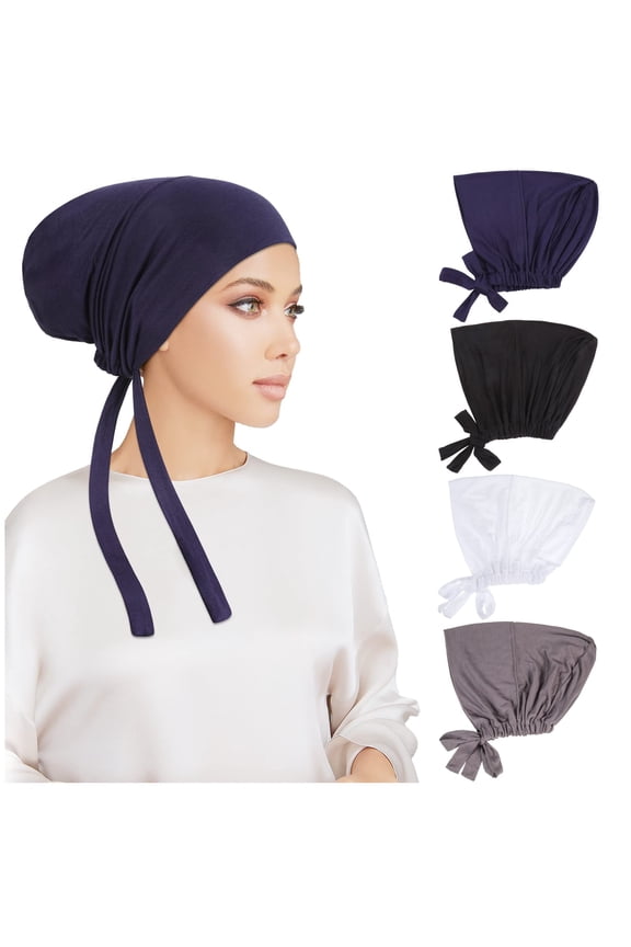 4 Pcs Women Hijab Undercap, Islamic Muslim Under Hijab Cap Inner Under Scarf Hat Turban with Tie Back Closure