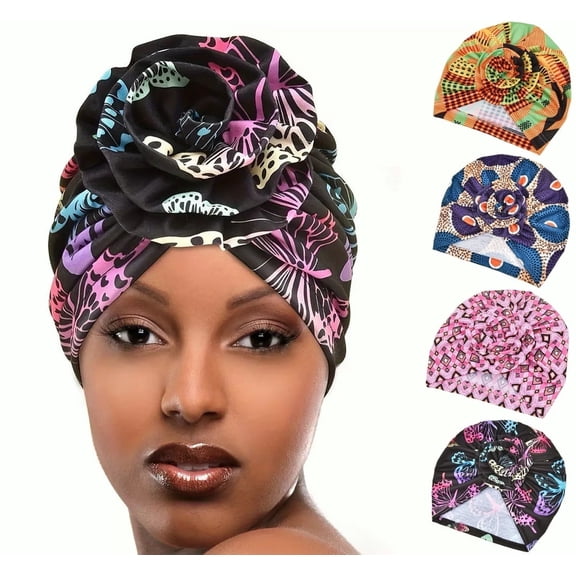 4 Pcs Turban Headwraps for Women African Pattern Knot Turban Bohemian Print Pre Tied Bonnet Hat