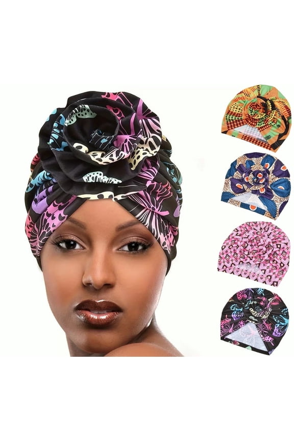 4 Pcs Turban Headwraps for Women African Pattern Knot Turban Bohemian Print Pre Tied Bonnet Hat
