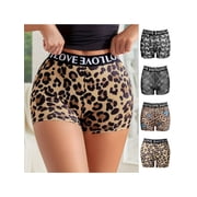 4 Pcs Womens Boxer Briefs Leopard Print Floral Letters Webbing Splicing Thin Section Quick Drying Womens Panties Personalized Clash of Colors Printed High Waisted Anti-Glare Boxer Briefs M-XXL