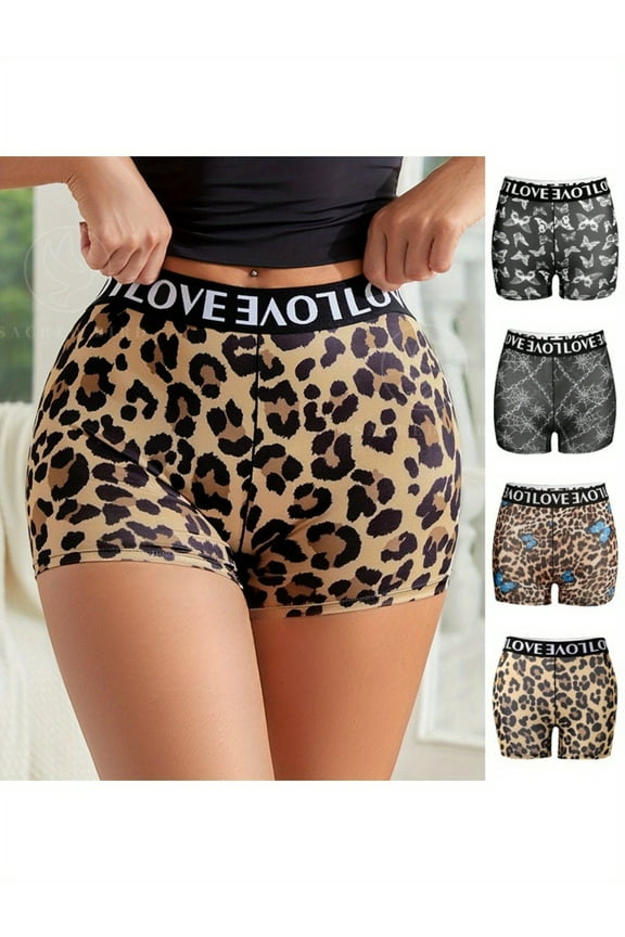 4 Pcs Women's Boxer Briefs Leopard Print Floral Letters Webbing Splicing Thin Section Quick Drying Women's Panties Personalized Clash of Colors Printed High Waisted Anti-Glare Boxer Briefs (M-XXL)