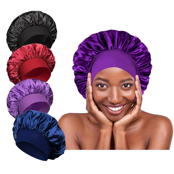 4 Pcs Women's Satin Hair Bonnet Elastic Wide Edge Silk Bonnet Sleeping Cap Hair Wrap Large Braids Cover Curly Hair Bonnets Day & Night Cap, Black Blue Red Purple