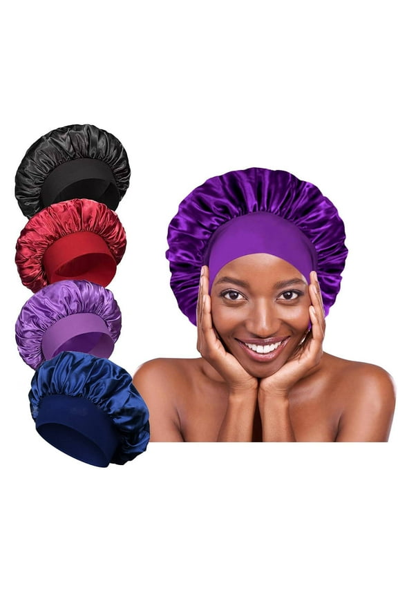 4 Pcs Women's Satin Hair Bonnet Elastic Wide Edge Silk Bonnet Sleeping Cap Hair Wrap Large Braids Cover Curly Hair Bonnets Day & Night Cap, Black Blue Red Purple