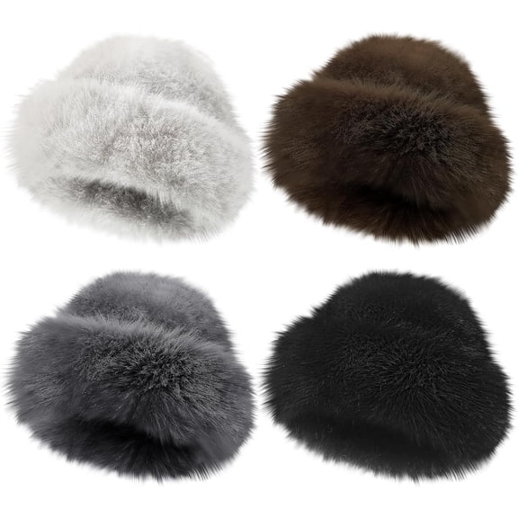 4 Pcs Women's Winter Faux Fur Bucket Hat, Fluffy Fuzzy Fisherman Mongolian Cap Beanie, Warm Hat for Outdoor