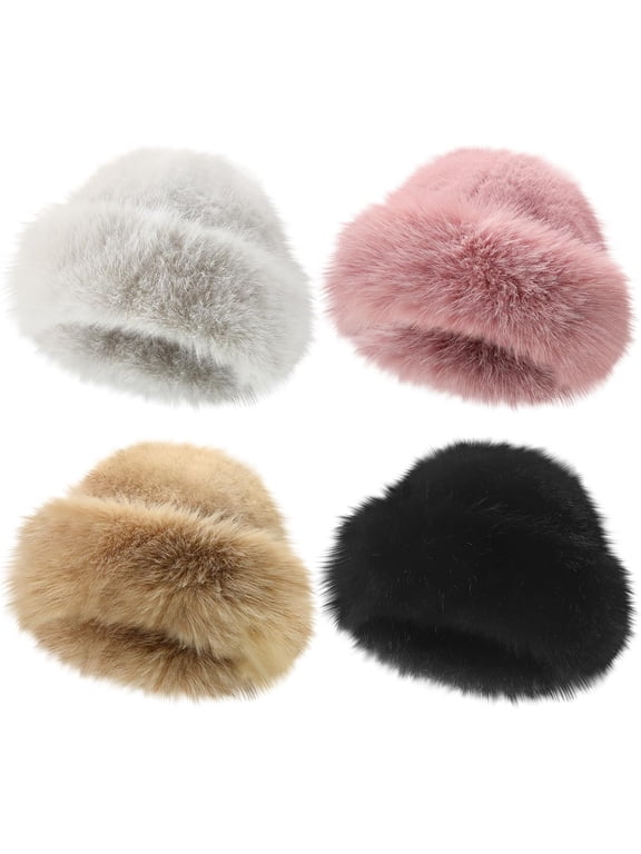 4 Pcs Women's Winter Faux Fur Bucket Hat, Fluffy Fuzzy Fisherman Mongolian Cap Beanie, Warm Hat for Outdoor
