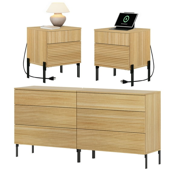 4 Pcs Wood Bedroom Set，Reeded 6 Drawer Dresser and Nightstand Sets for Bedroom, Night Stand Set of 2 with Built-in Charging Station