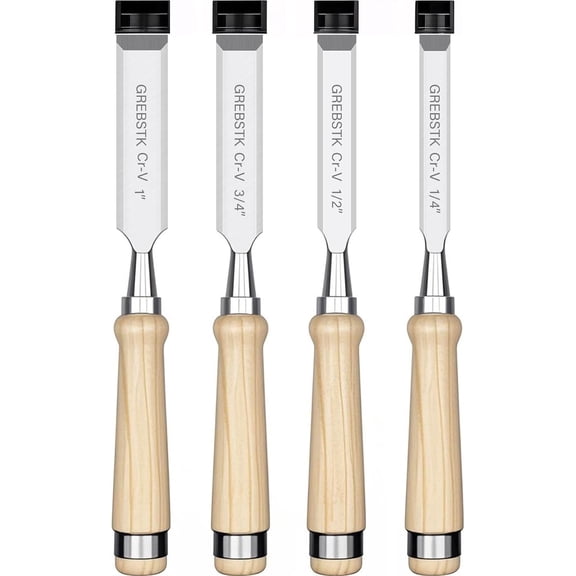 4 Pcs Wood Chisel Set, CRV Steel Bevel Sharp Edge Bench Chisels with Edge Cover, Comfortable Oversized Solid Wood Handle, for Woodworking and DIY Projects, 11"x(1/4", 1/2", 3/4", 1")
