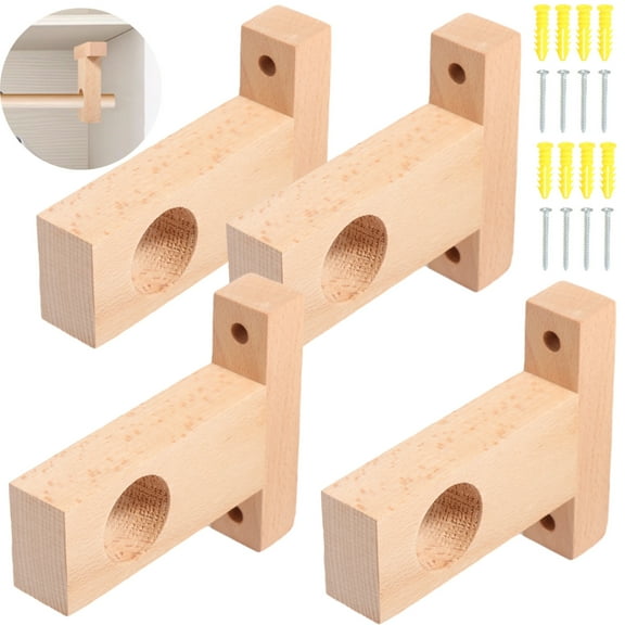 4 Pcs Wood Curtain Rod Holders, Closet Pole Brackets, Solid Wood Single Pipe Brackets with Expansion Screws, Unfinished Dowel Rod Holders, Fits 1.18" Diameter Poles