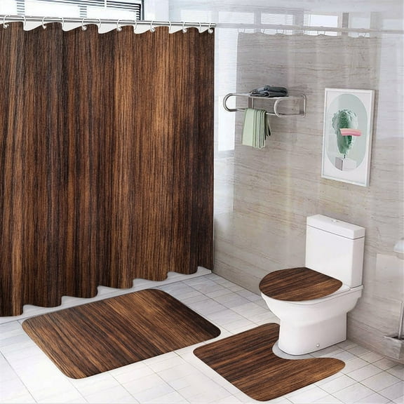 4 Pcs Wood Grain Texture Shower Curtain Set with Non-Slip Rugs Bathroom Set Bathroom Carpet Bath Mat And Toilet Rugs