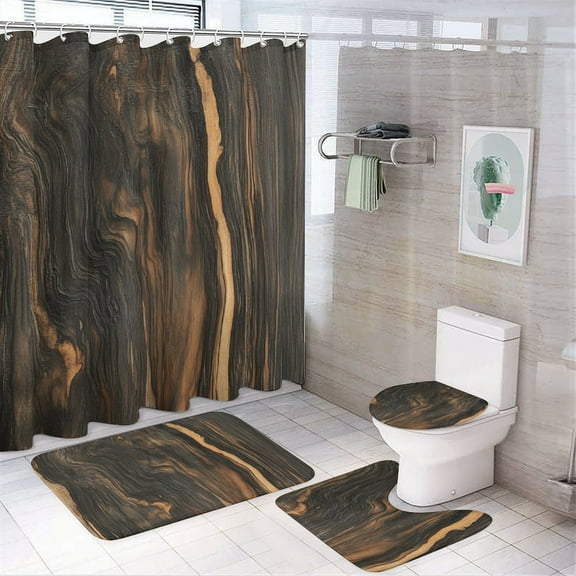 4 Pcs Wood Grain Texture Shower Curtain Set with Non-Slip Rugs Bathroom Set Bathroom Carpet Bath Mat And Toilet Rugs