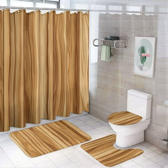4 Pcs Wood Grain Texture Shower Curtain Set with Non-Slip Rugs Bathroom Set Bathroom Carpet Bath Mat And Toilet Rugs