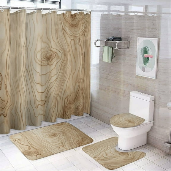 4 Pcs Wood Grain Texture Shower Curtain Set with Non-Slip Rugs Bathroom Set Bathroom Carpet Bath Mat And Toilet Rugs