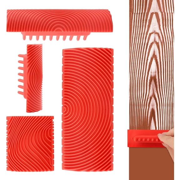 4 Pcs Wood Grain Tool,Rubber Wooden Pattern Graining Knurling Tool,Natural Wood Grain Painting Maker Tool,Wall Texture Pattern Embossing Painting Tool for DIY Wall Decor