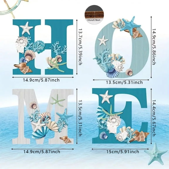 4 Pcs Wood Home Sign Coastal Beach Wall Decor Beach Style Signs Blue Starfish and Shell Wall Decor Beach Theme Sign for Home Letters Hanging Wall Decor Art Signs for Living Room Kitchen Bedroom Decor