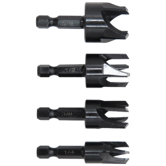 4 Pcs Wood Plug Cutter Set, Claw Type, Black Carbon Steel, Hex Shank, Woodworking Drill Bit Set for Wood Plugs