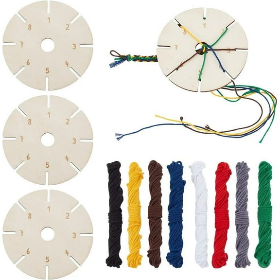 4 Pcs Wood Round Bracelet Braiding Plate with 8 Colors Macrame Cotton Cords Plaited Disc Bracelet Tray Flat Round Bracelet Knitting Disk Bracelet Braiding Disc Set