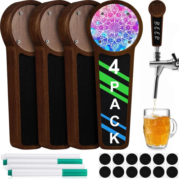 4 Pcs Wooden Chalkboard Beer Tap Handle for Kegerator with Changeable Logo and 4 Pen for Bar Restaurant Wedding Brewery Craft Display Beer Lovers Homebrew (Dark Brown)