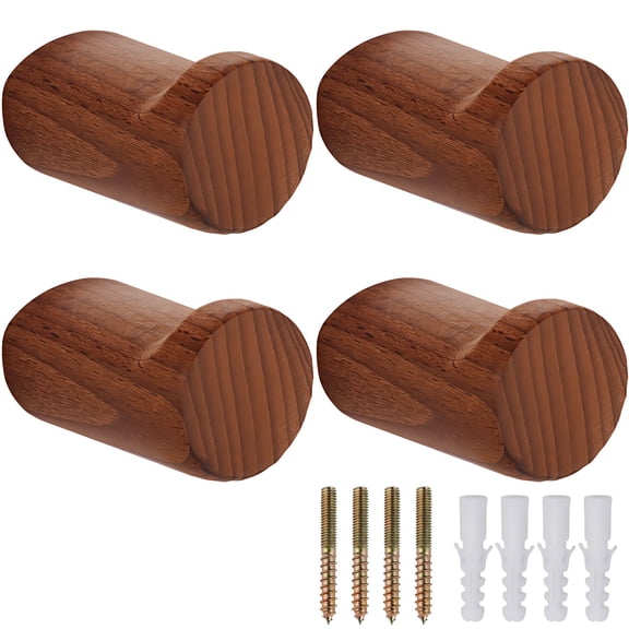 4 Pcs Wooden Coat Hooks Wall Mounted, 2 x 1.2 x 1.4 in Walnut Wood Door Hooks for Hanging, Rustic Decorative for Entryway, Bedroom, Bathroom, Kitchen, with Screws