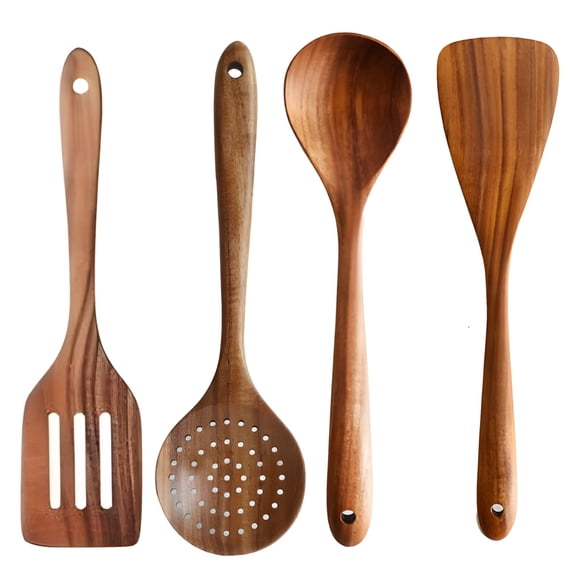 4 Pcs Wooden Cooking Utensil Set, Healthy Teak Spatula, Long Handle, Ergonomic Design, Includes Flat, Round, Slotted and Straining Spoon, Safe for Non-Stick Cookware