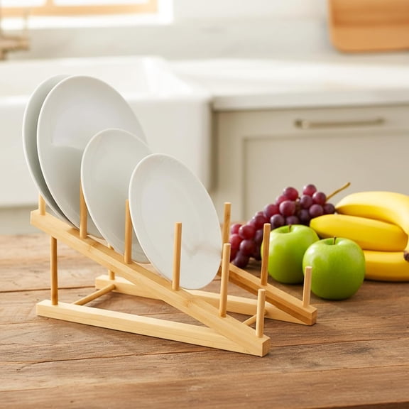 4 Pcs Wooden Dish Drying Rack, Bamboo Plate Dish Rack Stand for Kitchen Cabinet, Cabinet Cutting Board Display Stand for Dishes Plate Bowl Water Bottles Cup Pot Lid Cutting Board