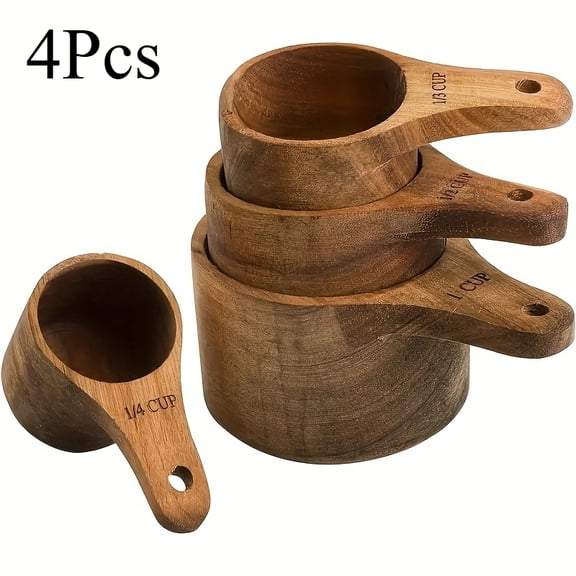 4 Pcs Wooden Measuring Cups,Stackable Wooden Measuring Cups with Long Handle,Suitable for Baking Cake Coffee Flour Sugar Honey Oil Housewarming Birthday Home Bakers Gifts