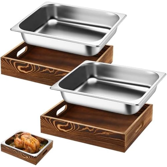 4 Pcs Wooden Pan Holder with Stainless Steel Bus Tub Wooden Serving Tray Reusable Baking Tin Food Dessert Cake Containers Catering Storage for Party Supplies and Catering Server Cookware