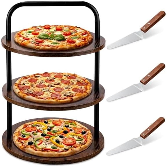 4 Pcs Wooden Pizza Stands Tiered Serving Tray Stand with 3 Pizza Servers for Pie Cupcake Dessert Cheese Party Restaurant$$Home Decor, Kitchen, & Other