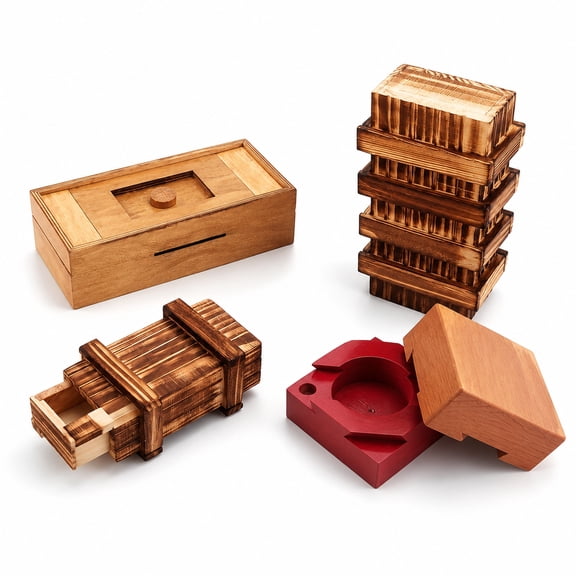 4 Pcs Wooden Puzzle Boxes Set, Brain Teaser Secret Lock Box Gift Card Holder, Creative Wooden Trick Box for Money Jewelry Storage, Mind Game Gift for Birthday Holiday Party Favors