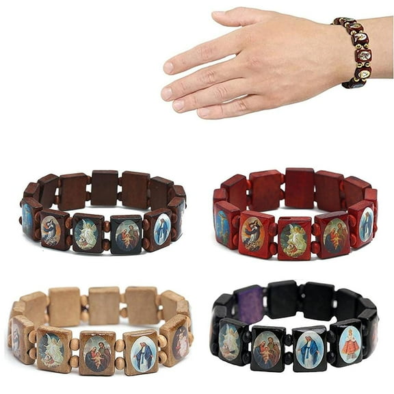 4 Pcs Wooden Rosary Jesus Bracelet Elastic Stretch Bangle with Pictures of Religious Saints Catholic Holy Gods Goddess Prayer Manifestation Bracelet