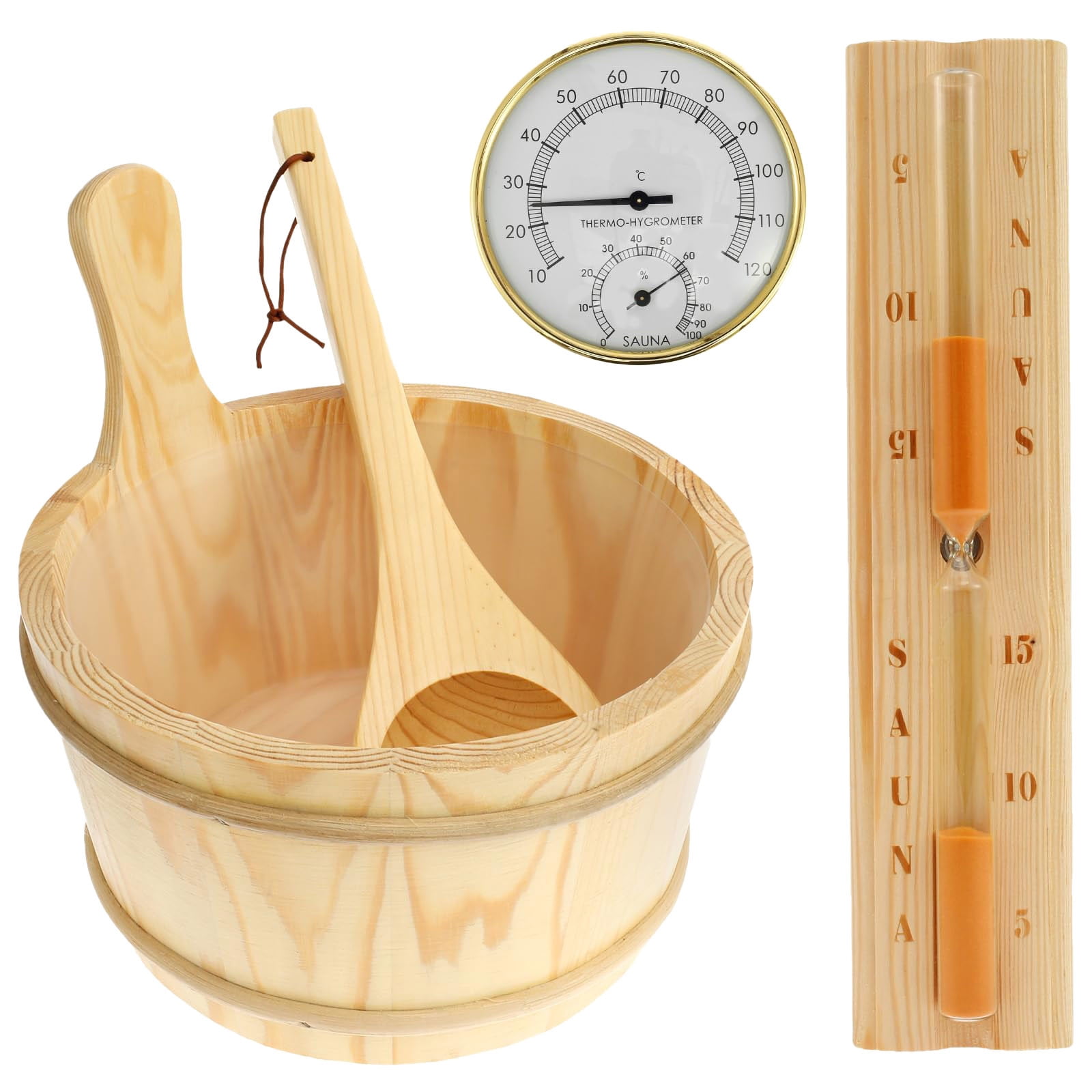 Handmade Wooden Sauna Bucket Set With Ladle, Hat & Seat Pad - 5 Liter (Finnish Pine)