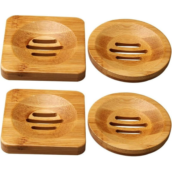 4 Pcs Wooden Soap Holders Bathroom Soap Dish Natural Bamboo Soap Holder Square & Round Soap Dishes for Home Bathroom