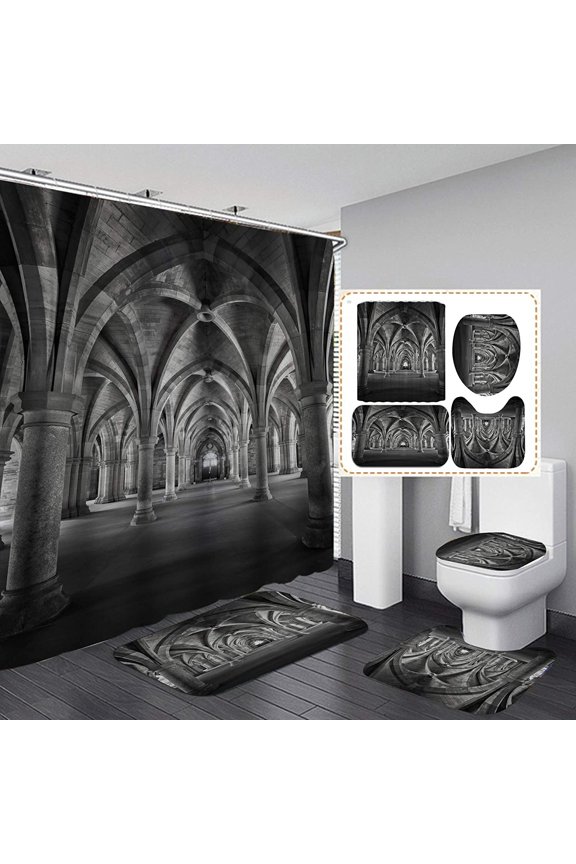 4 Pcs Wooden Yarn Door Shower Curtain Sets with Non-Slip Rug, Toilet Lid Cover and Bath Mat, Rustic Wood Waterproof Shower Curtain with 12 Hooks, for Bathroom