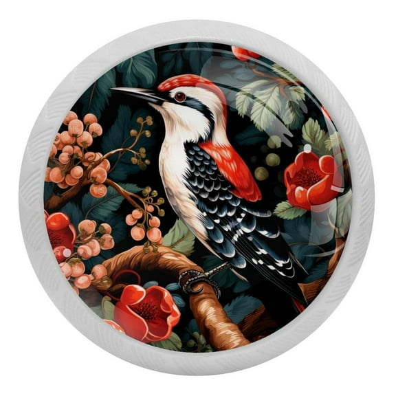 4 Pcs Woodpecker Bird on Red Berries Branch Crystal Glass Drawer Knob Pull Handle Ergonomic 30mm Glow in The Dark Furniture Cabinet Handle for Kitchen Dresser Cupboard Wardrobe