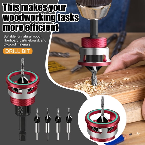 4 Pcs Woodworking Countersink Drill Bit Set with Adjustable Depth Stop, Drilling Tool Kit for Wood Plastic
