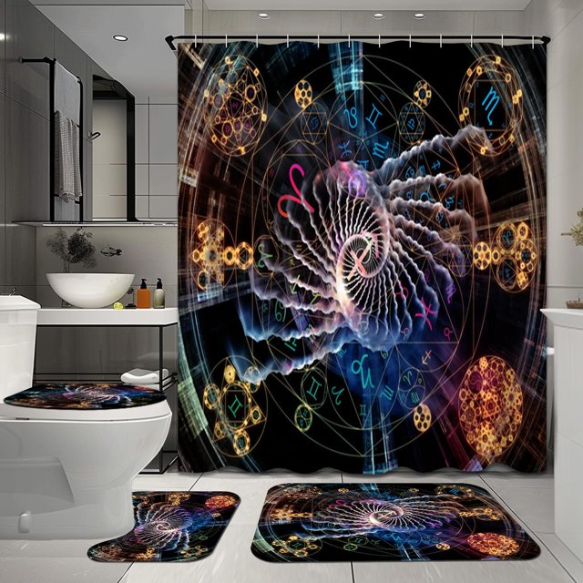 4 Pcs World Map Bathroom Shower Curtain Sets with Rugs, Education