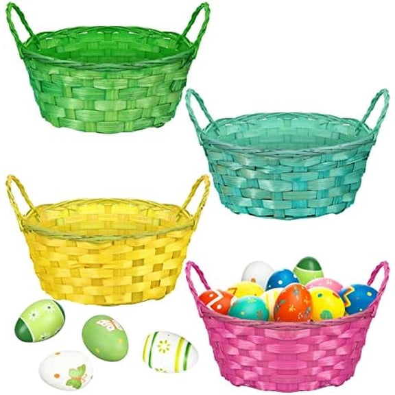 4 Pcs Woven Bamboo Easter Basket with 2 Handles, Easter Baskets Empty Round Easter Egg Buckets for Easter Party Favor Supplies Gifts Hunt Picnic(Blue, Green, Rose Red, Yellow,4 Pcs)