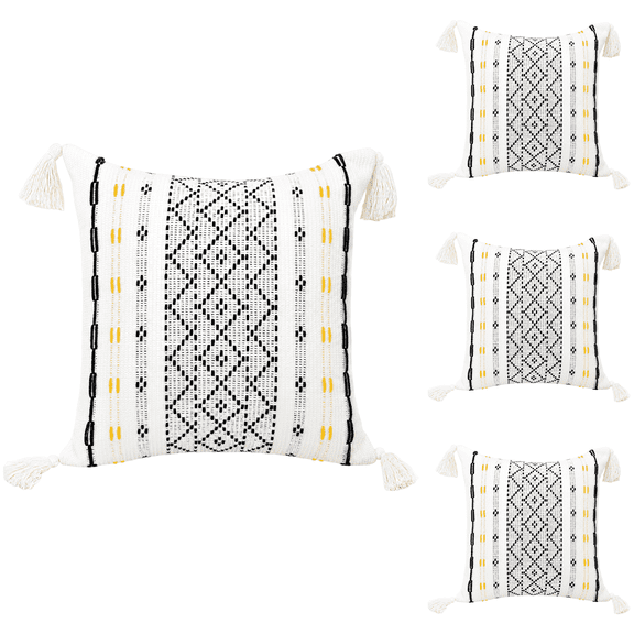 4 Pcs Woven Pillow Covers, 17.7 x 17.7 in Decorative Throw Pillow Cover with Diamond Pattern and Tassels, Nordic Style Jacquard Sofa Cushion Cover for Couch Bed Living Room Farmhouse Decor