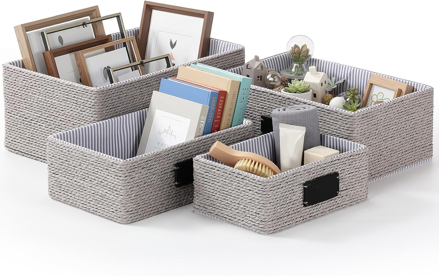 4 Pcs Woven Storage Baskets for Shelves Paper Rope Organizer Recycled Wicker Organizing Basket with Label Liner Large and Small Decorative Multifunctional Bins for Shelves Cupboards Drawer(Grey)
