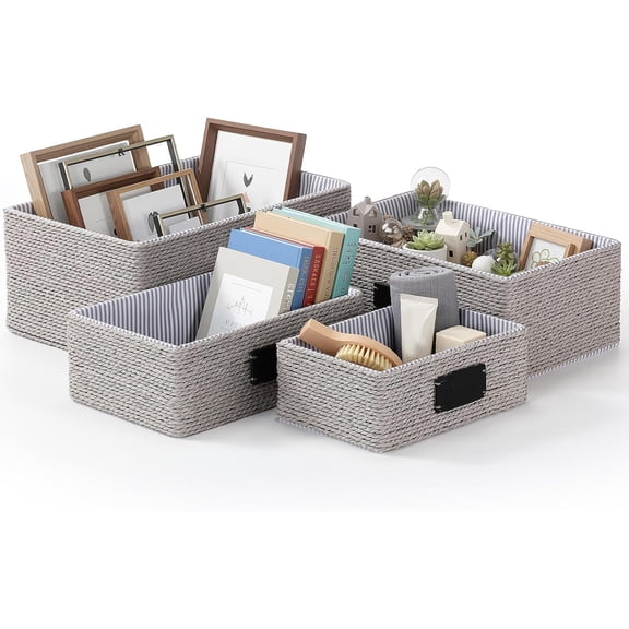 4 Pcs Woven Storage Baskets for Shelves Paper Rope Organizer Recycled Wicker Organizing Basket with Label Liner Large and Small Decorative Multifunctional Bins for Shelves Cupboards Drawer(Grey)